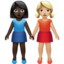 women holding hands: dark skin tone, medium-light skin tone