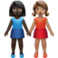 women holding hands: dark skin tone, medium skin tone